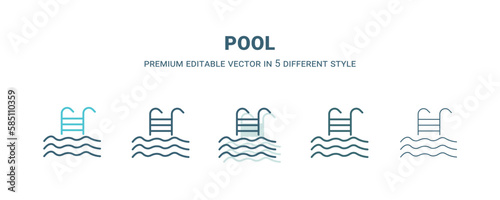 pool icon in 5 different style. Outline, filled, two color, thin pool icon isolated on white background. Editable vector can be used web and mobile