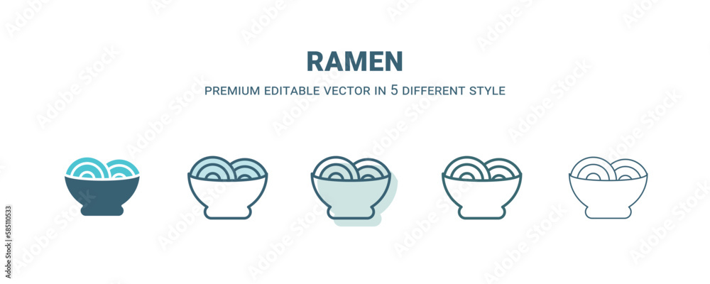 ramen icon in 5 different style. Outline, filled, two color, thin ramen icon isolated on white background. Editable vector can be used web and mobile ramen icon in 5 different style. Outline, filled, two color, thin ramen icon isolated on white background. Editable vector can be used web and mobile