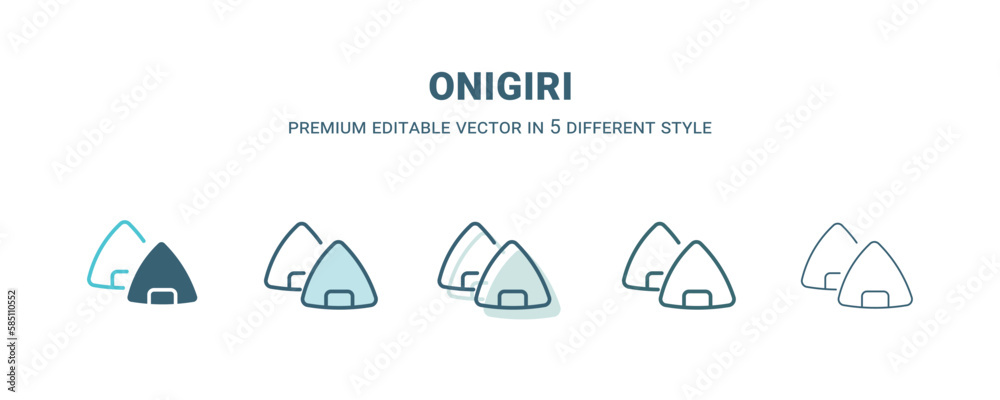 onigiri icon in 5 different style. Outline, filled, two color, thin onigiri icon isolated on white background. Editable vector can be used web and mobile