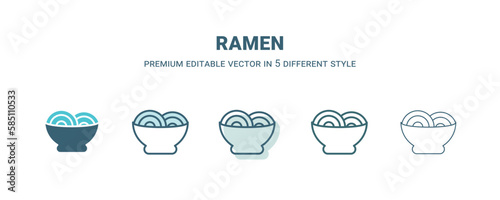 ramen icon in 5 different style. Outline, filled, two color, thin ramen icon isolated on white background. Editable vector can be used web and mobile