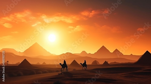 Landscape of the Egyptian desert with the caravan of camel. Sunrise. AI generative