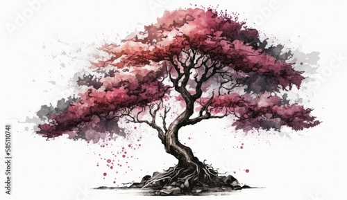 Lonely sakura tree on white background in watercolor style. Ai generative.