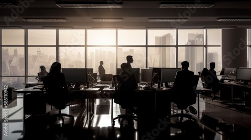 Office with silhouettes of people working on computer, sunrise. AI generative. © vadymstock