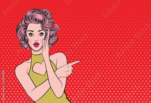 Pop art woman pointing finger showing copy space, vintage advertising poster with fashion girl. Color dots.