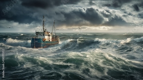 fishing boat in storm with big waves. generative ai © vadymstock