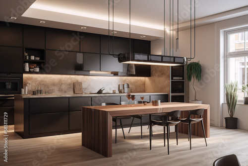 3D rendering modern kitchen interior with dining table and cooking corner, with luxury furniture, beautiful lights, generative AI