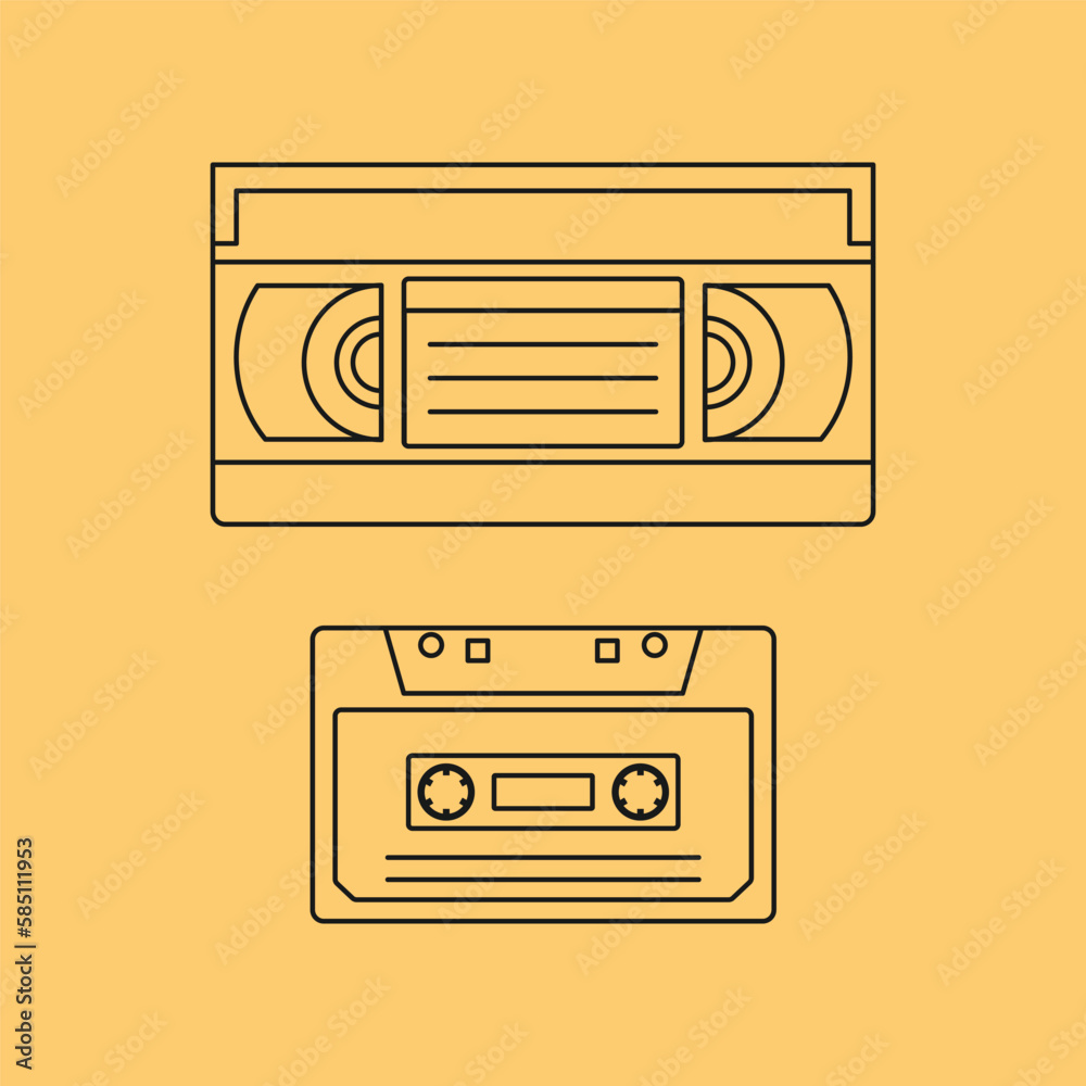 vhs cassette and audio cassette line icons with yellow background retro ...