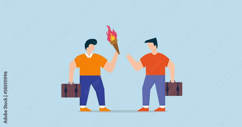 4k animation of baton pass or transfer to new chosen leader. smart businessman leader passing torch to successor.