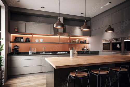 Side view on the luxury dining table and chairs in stylish kitchen room with wooden floor and wall part  great city view from big window and light kitchen set and ceiling. 3D rendering  generative AI
