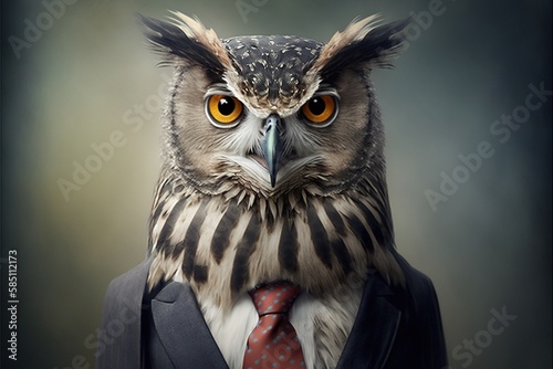 Owl in business clothes. Realism  color  formal wear  bird. Illustration. AI