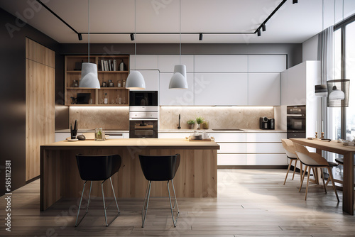3D rendering modern kitchen, with luxury furniture, beautiful light, color scheme, concept, generative AI © MrNobody