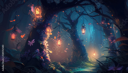 Fantasy forest at night with glowing lights and flowers  fairy tale. Generative AI