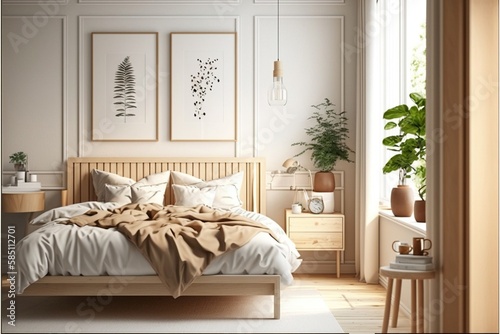 Scandinavian style room. Realism  bedroom  cozy room. illustration. AI