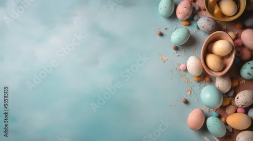 Easter holiday background with copy space. Top view Easter eggs  colorful wallpaper