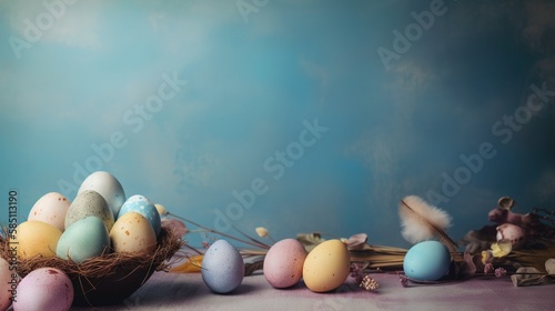 Easter holiday background with copy space. Sied view Easter eggs, colorful wallpaper