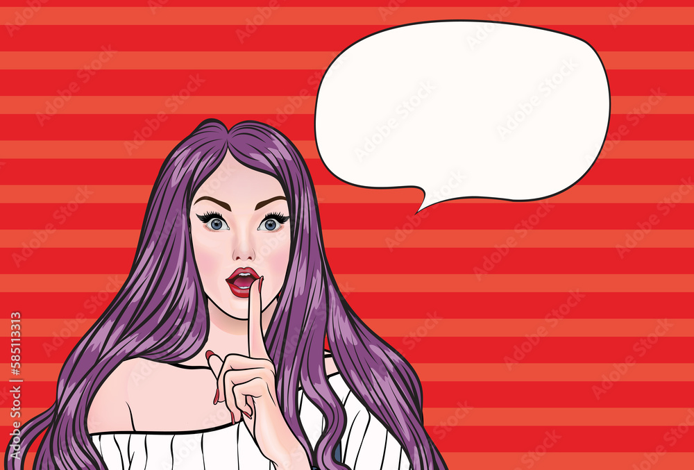 Pop art portrait of young woman with speech bubble, vintage advertising poster or hand drawn prank woman. on a red background Pop art portrait of young woman with speech bubble, vintage advertising poster or hand drawn prank woman. on a red background