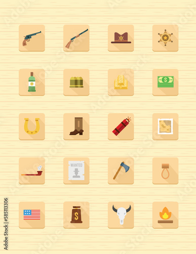 Western icons set, Wild West, Canyon, Cowboy culture, Cowboy hat and boots, Western badge collection