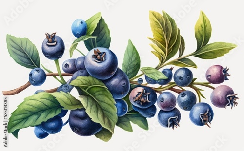 drawn blueberries on white background watercolor berries organic food illustrations Generative AI