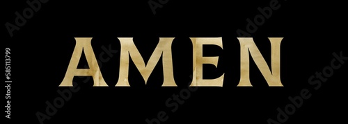 Elegant font. Text of the word amen with a golden texture on a black background; Christian design for prints, stickers or more