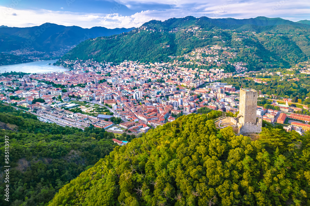 Town of Como and Baradello tower aerial view