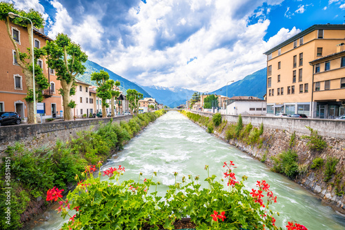 Town of Tirano and Adda river waterfront view