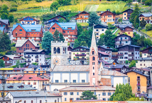 Town of Bormio in Dolomites Alps towers view photo