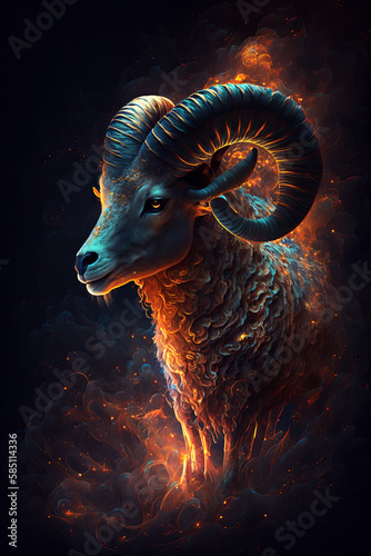 Horoscope Aries. Fire ram on black background