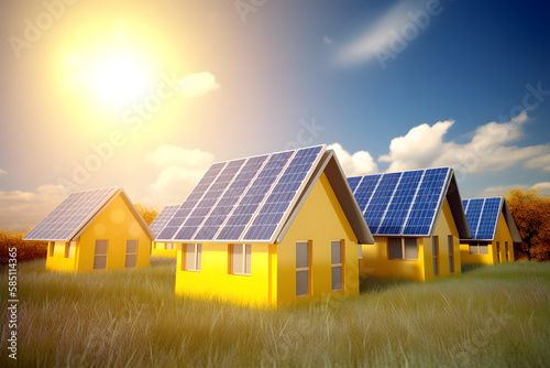 Solar panels on the roofs of cottage houses - renewable energy concept. Generative AI