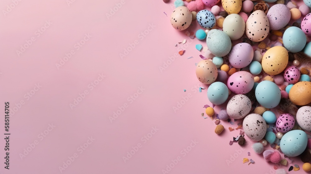 Easter holiday background with copy space. Top view Easter eggs, colorful wallpaper