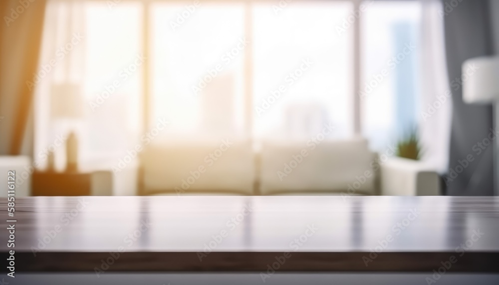 Fototapeta premium Front view of empty table in the living room in the morning with blurred background. Generative AI