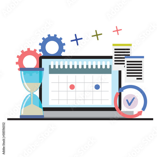 Planning time on laptop, calendar and hourglass, time management