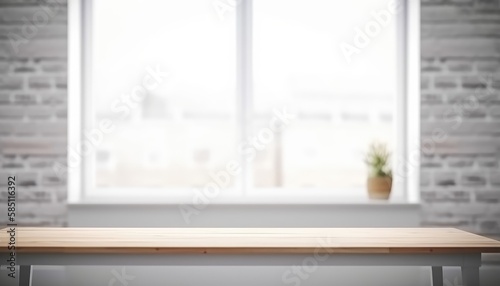 Empty wooden table with copy space in white living room with window. Generative AI