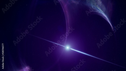 Concept of spinning pulsar in space nebula emitting high energy gamma ray bursts. 3D illustration depicting blinking radiation flares of a magnetar or neutron star core in interstellar gas in cosmos.