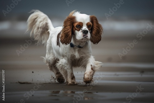 Canvas Print cavalier dog running on a beach, Generative IA