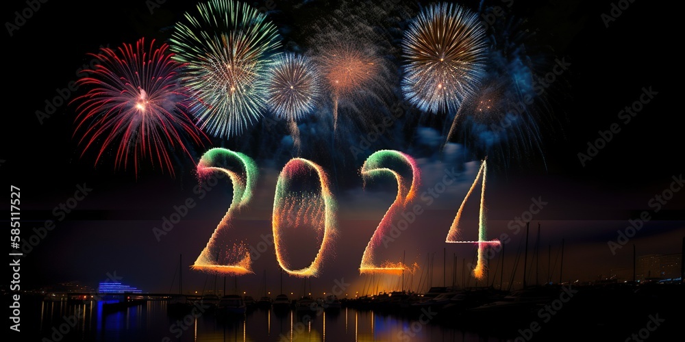 Himmel voller Funken Feuerwerk 2024 Silvester mit der Jahreszahl am