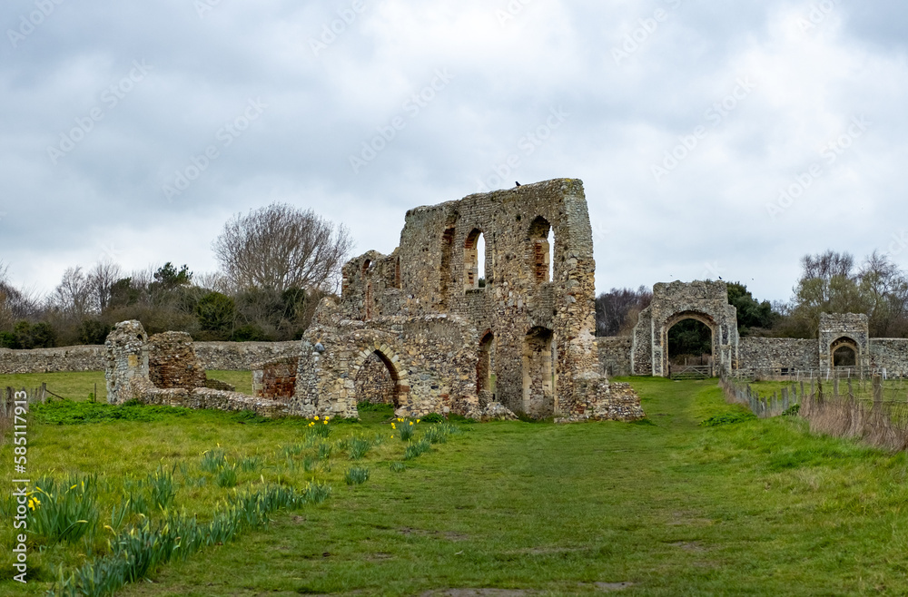 Front on view of an old historic chapel or priory in Dunwich in Suffolk