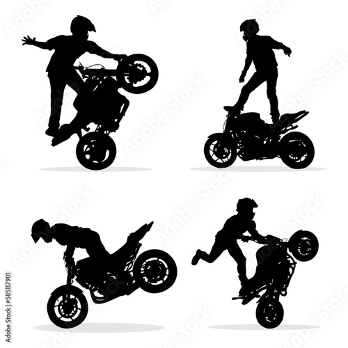 Silhouette of a professional biker performing dangerous stunts on his motorbike. Vector illustration set
