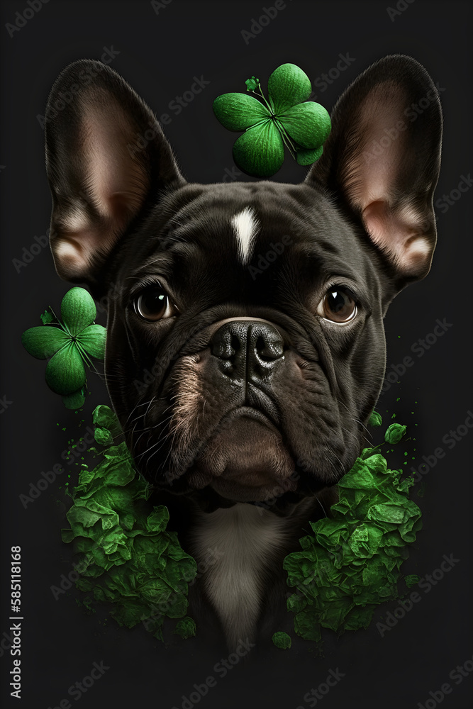 Bulldog puppy and his puppy on patrick's day lucky clover happy day sausage dog with lucky clover isolated on black dark dramtic, Generative ai