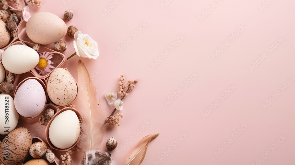  Easter holiday background with copy space. Top view Easter eggs, colorful wallpaper