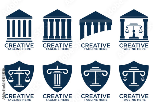 Law firm logo set. Law office logotypes set with scales of justice. Symbols of legal centers or law advocates. Scales of justice icons