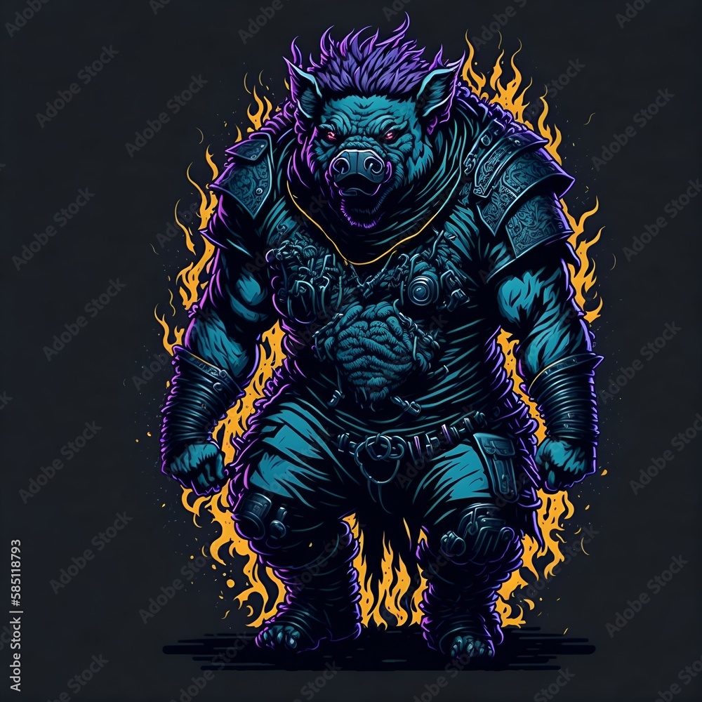 Fototapeta premium T-shirt sticker art of a grafitti fantasy berserker pig, illustration, painting, drawing, devil, evil, animal, halloween, monster, tatoo, vector, horror, full body, boardgame, card game, concep art