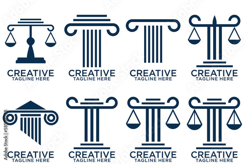 Law firm logo set. Law office logotypes set with scales of justice. Symbols of legal centers or law advocates. Scales of justice icons