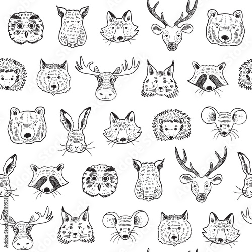 Forest animals face vector line seamless pattern.