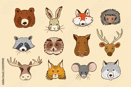 Fototapeta Naklejka Na Ścianę i Meble -  Forest animals face vector illustrations set.