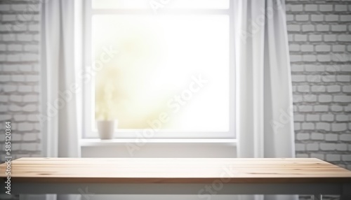 Wooden table with copy space and window background with curtains. Generative ai