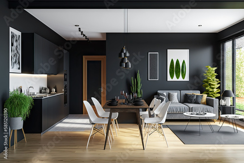 Luxury apartment living room come with kitchen latest designs © HyperModel