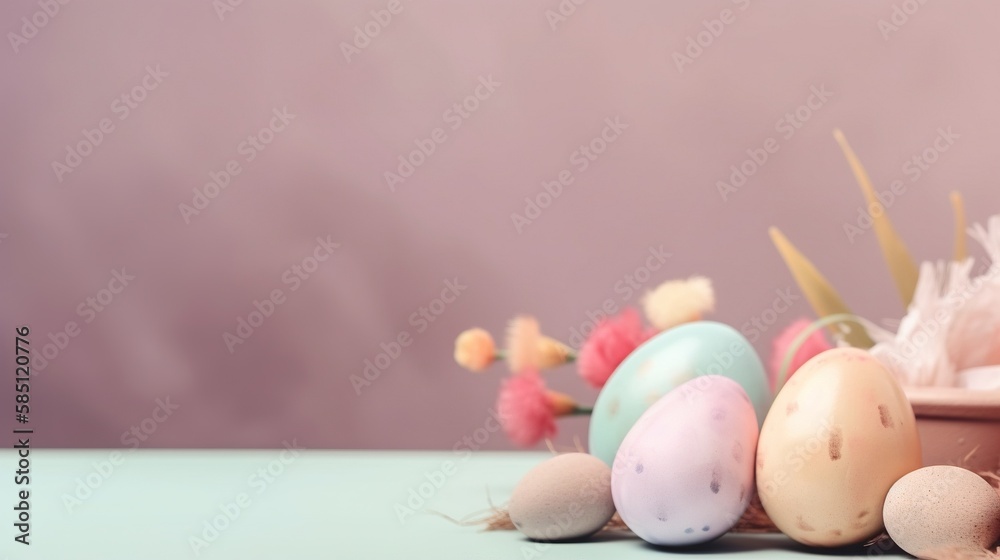 Easter holiday background with copy space. Side view Easter eggs, colorful wallpaper