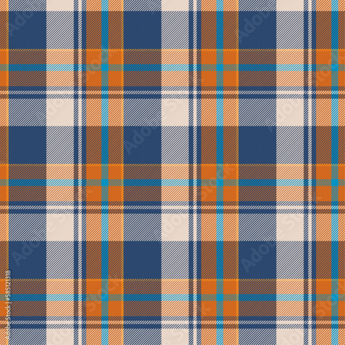 Blue orange white plaid seamless pattern for textile.Vector illustration.