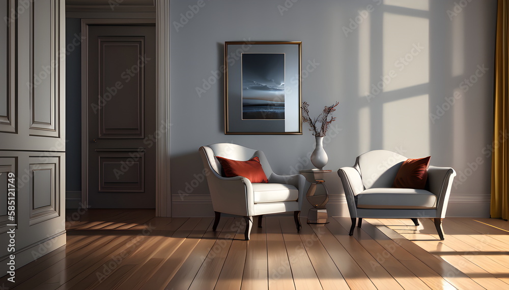 Fototapeta premium Modern interior design of scandinavian apartment, living room with sofa over the wall. Home interior Generative AI