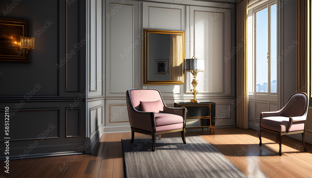Fototapeta premium Living room interior of furnished apartment cozy couch sofa wooden flooring Generative AI